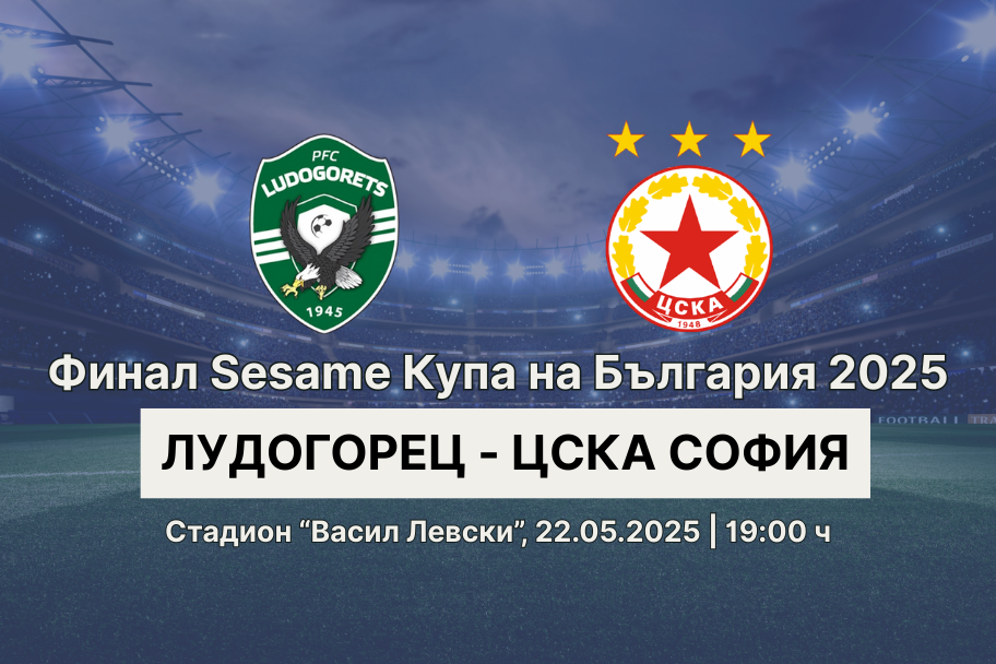 Финал на Купата на България между Лудогорец и ЦСКА София с емблемите на футболните отбори, дата, час и локация