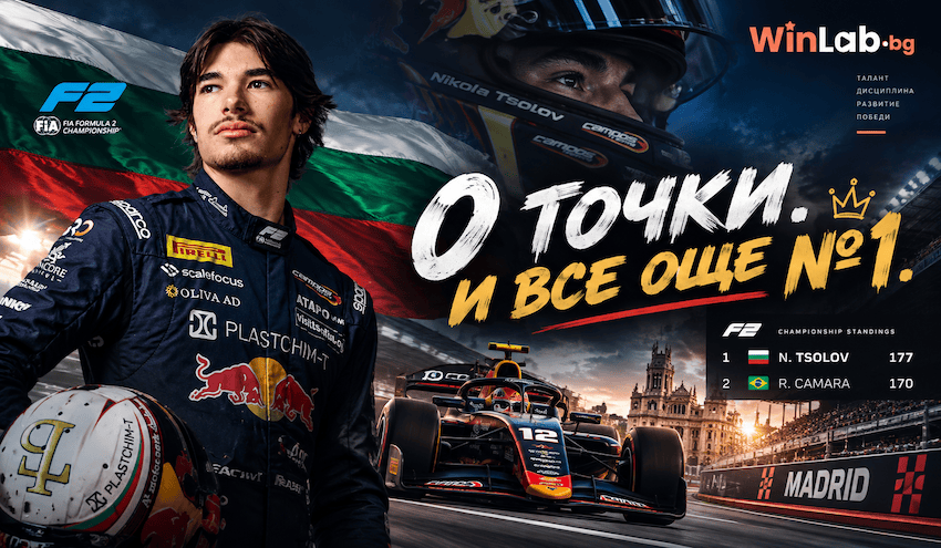 Никола Цолов с болида на Campos Racing по време на уикенда от Формула 2 в Мадрид през 2026 г.